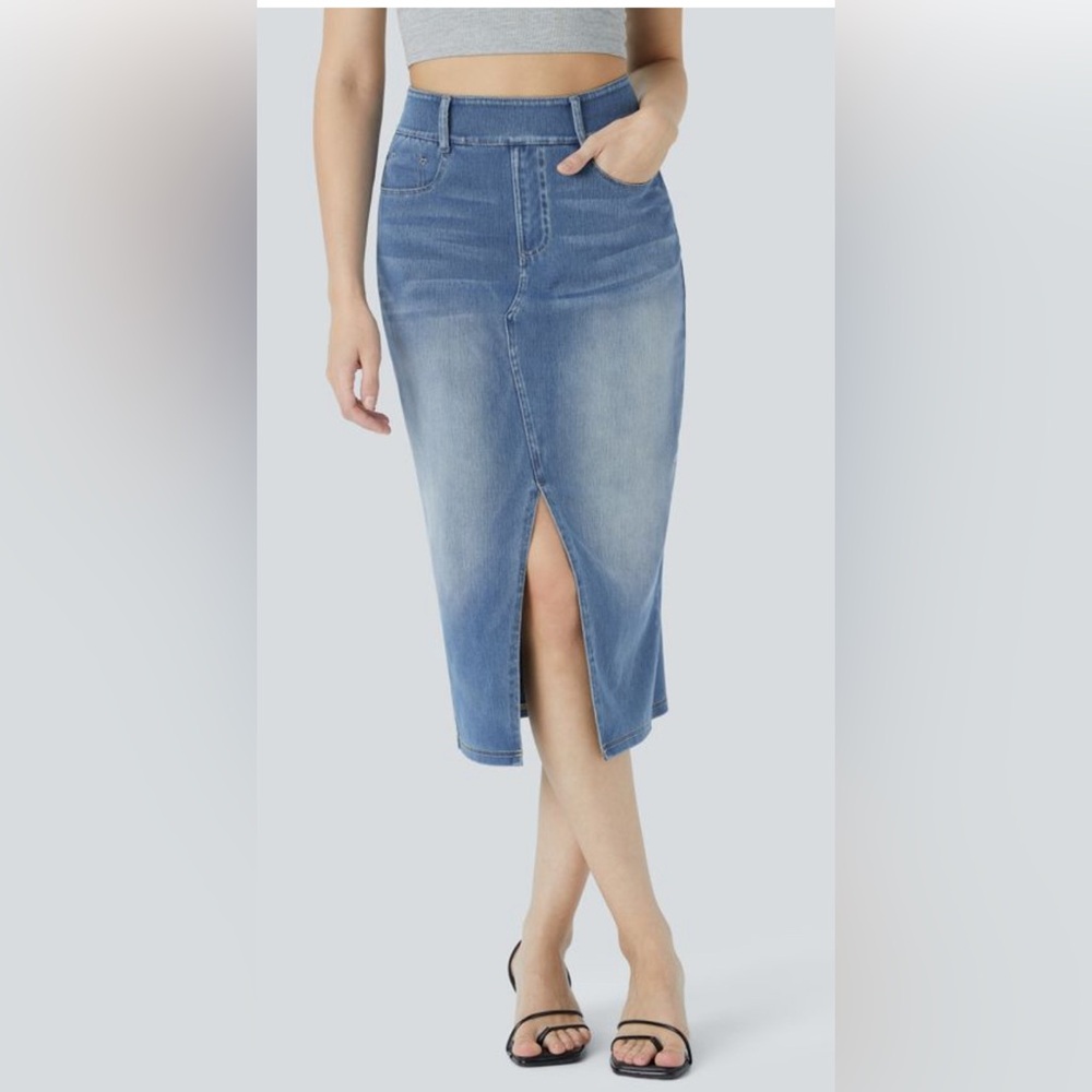 Halara Denim Midi Skirt with Front Slit NWOT